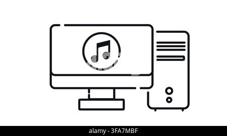 Desktop computer tower and monitor with music note symbol on screen vector icon. Black line art style on white background. Stock Vector