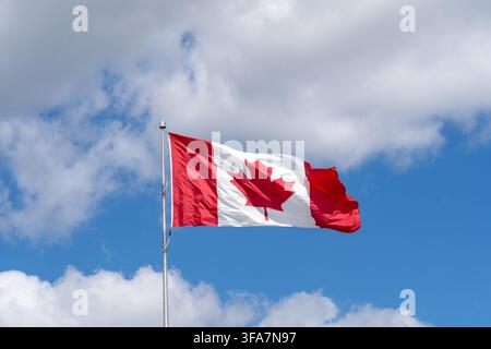 A National Flag of Canada waving against a blue sky with white clouds. Stock Photo