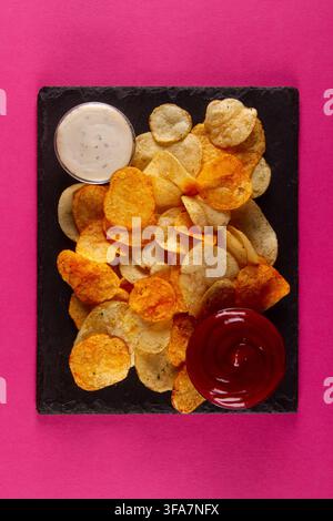 Flavorful and crispy potato chips with tangy white and spicy red dipping sauce on pink background Stock Photo