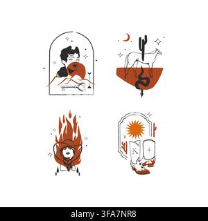 Wild West Western Vector Collection with Cowboy, Cowgirl, Horse, Boots, Cactus and Snake, Hand Drawn Vintage Desert Elements for Rodeo, Posters Stock Vector