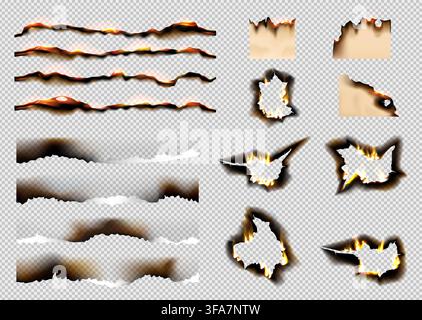 Burning torn paper edges. Realistic fire and charred ripped torn borders on transparent background, damage, destruction and grunge collage design elements. Hole crack frames. Vector isolated set Stock Vector