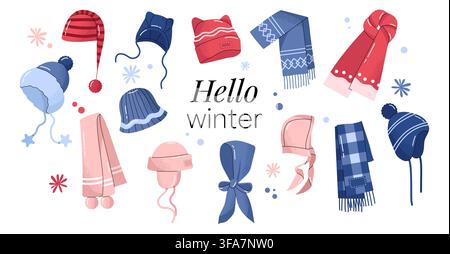 Cute winter hat and scarf collection flat vector illustration set Stock Vector