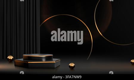 Black and gold podium. Luxury premium product in golden room, 3d light and dark scene with spotlight. Elegant product marketing presentation. Background with elegant platform. Vector minimal design Stock Vector