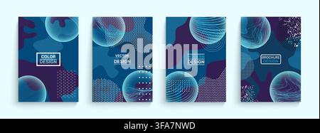 Abstract brochure cover set. Modern geometric posters with gradient spheres and halftone textures, contemporary graphic template for corporate identity and marketing design. Vector flyer illustration Stock Vector