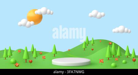 3d grass background. Kid spring sky, cartoon garden podium or cute nature park. Green tree and game cloud. Minimal landscape with green hills, natural stage for product presentation. Vector render Stock Vector