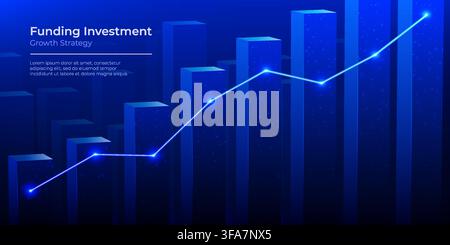 Finance growth. Abstract invest graph chart, ai data tech or 3d stock market concept. Digital city roi, fintech building, bar columns with glowing upward line. Investment analytics vector background Stock Vector