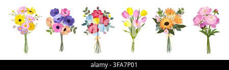 Flower bouquet. Arranged gift bunch, spring sunflower from colored floral field. Hydrangea cut, pretty floristry. Decorative botanical compositions seasonal gift. Vector cartoon isolated illustration Stock Vector