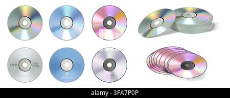 Cd disc. Blank dvd box, realistic computer disk case with optical rainbow burn. Pc label different formats. Top view and composition. Recording and media distribution products. Vector isolated set Stock Vector
