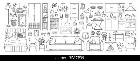 Line room. Outline kitchen interior, home design or house art decor as black and white table, modern linear sofa, furniture and decor, modern home styling. Vector flat style isolated illustration Stock Vector