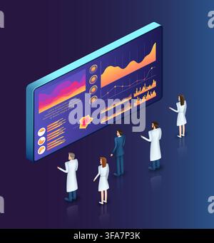 Digital data isometric view. People with huge analytics dashboard. Business charts and data visualization on large digital screen, monitoring, reporting charts. Vector cartoon isolated illustration Stock Vector