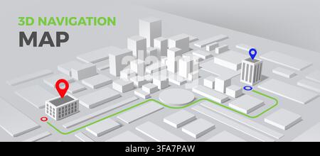 3d city map. Office building on street road move, abstract graphic town view or new car route. Gps navigation. Digital mapping, direction planning, geolocation service. Vector background illustration Stock Vector