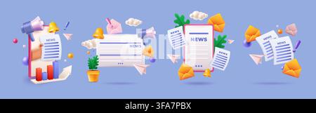 News notification banner. 3D media updates, documents, emails, megaphone, bell and analytics, digital communication, announcements, and information distribution interface. Vector isolated illustration Stock Vector