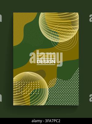 Modern abstract cover. Geometric shapes, dotted textures and golden spheres on green background, contemporary graphic for professional branding and corporate print design. Vector isolated illustration Stock Vector