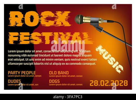 Rock festival poster design. Grunge typography with microphone on warm gradient background, live music event promotion and concert branding layout with date, text blocks template. Vector illustration Stock Vector
