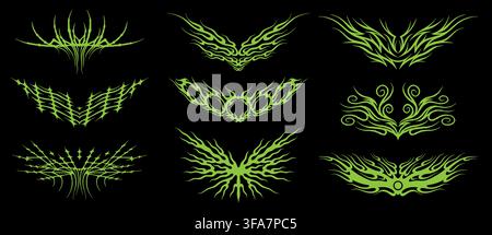 Tribal pattern. Y2K gothic tattoo, Neo cyber pattern or metal grunge death ornament. For dark punk, rave streetwear. Symmetric flame swirl ornaments, styling art tribal wings. Vector isolated set Stock Vector