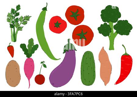 Hand Drawn Vegetables Vector Set. Organic farm fresh veggies, healthy food icons. Flat style cartoon garden vegetables. Natural vegan food. Stock Vector
