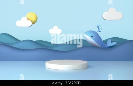 3d sea background. Cartoon ocean wave, whale kid on room stage or water studio. Child birthday advertising. Minimal seascape with clouds, sun, empty round podium, product presentation vector pedestal Stock Vector