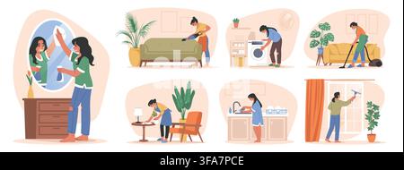 Clean service. Home kitchen fridge with dish, woman work on house floor. Cleaner character at housework. Girl cleaning activities, everyday hygiene routines. Vector cartoon flat style isolated set Stock Vector