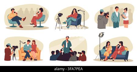 Tv interview. People talk on sofa, woman couple or family on studio chair. Television guest or video show scene. Broadcast journalism, editorial media. Vector cartoon flat style isolated illustration Stock Vector