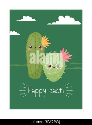 Cute cartoon cacti. Funny characters with flowers and lettering, playful botanical print or poster, greeting cards and cheerful decorative stationery design. Vector cartoon flat isolated illustration Stock Vector