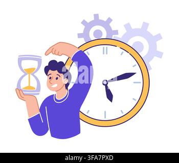 Person holds hourglass. Time management with clock and gears, scheduling, deadlines or productivity, planning in business and life, strategy control. Vector cartoon flat style isolated illustration Stock Vector