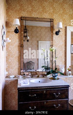 Orchid on sink surround with vintage mirror in Georgian home in the Scottish borders, UK. Morris & Co wallpaper design dating from 1875. Stock Photo