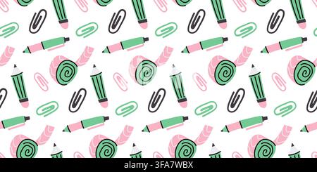 School stationery and pencils doodle seamless pattern for backpack print Stock Vector