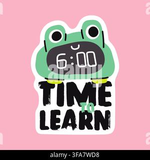 Frog alarm clock doodle vector sticker for back to school planner Stock Vector
