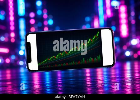 August 18, 2026: In this photo illustration, a smartphone displaying a rising stock market chart is photographed against a vibrant neon-lit background, symbolising financial markets, investment, economic growth and digital trading in India on 18 August 2026. (Credit Image: © David Talukdar/ZUMA Press Wire) EDITORIAL USAGE ONLY! Not for Commercial USAGE! Stock Photo