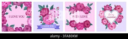 Red heart background. Invitation card, pink modern pattern or elegant advertising flyer. Love birthday poster celebration wreath. Frame or border spring floral design templates. Vector illustration Stock Vector