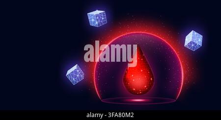 Blood shield. World sugar protect day, bubble drop technology symbol. Circle glucose barrier, abstract futuristic digital dome. Glowing red droplet. Web banner with copy space. Vector illustration Stock Vector