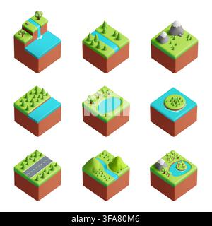 Isometric landscapes. River in mountains, tree and lake land island or 3d water, plant forest and waterfall. Low poly landscape blocks with rivers. Map elements and environment design. Vector icon set Stock Vector