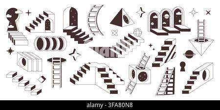 Ladder icons. Perspective door illusion, surreal 3d floor shape or geometric doorway arc. Abstract psychedelic stairway, fantasy architecture, cosmic symbols. Vector flat style isolated concept set Stock Vector