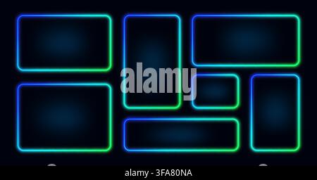 Neon frame. Rectangle light sign, 3d digital banner glow or gradient cyber signage interface block. Led bar or banner border. Dashboard modern tech design composition for copy space. Vector background Stock Vector