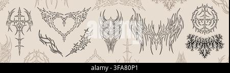 Tribal tattoo. Neo gothic grunge engraving, Y2K cyber ornament or alien rock frame shapes. Dark sword texture, ornamental symbols. Background abstract motifs design. Seamless pattern. Vector icons Stock Vector