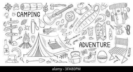 Summer camp. Adventure with guitar, backpack and winter camp. Forest fire, hiking vacation on mountain road map. Hand drawn outdoor travel icon. Nature symbol vector sketch style isolated illustration Stock Vector
