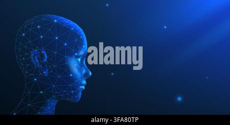 Ai head. Human robot face, futuristic artificial intelligence digital wireframe or abstract polygon future brain. Data privacy, secure identity and anonymous technology communication. Vector concept Stock Vector