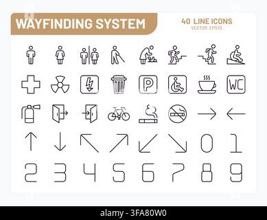 Way finding icons. Wayfinding signage, office arrow sign system or parking navigation minimal outline pictograms. Shopping direction, safety and services, restroom direction. Vector flat isolated set Stock Vector