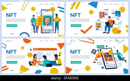 NFT landing page banner. Modern web design template. Business people, smartphones screen, digital art tokens, online marketplace interface and blockchain. Vector cartoon flat isolated illustration Stock Vector