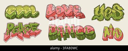 Graffiti stickers. Art bubble font, airbrush urban gangsta boy design. Grunge or pop rap paint. Cool cloud sketch. Colorful bubble lettering with glossy highlights. Vector isolated decorative set Stock Vector