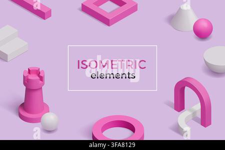 Isometric blocks. 3d cube technology, abstract geometric gradient platform, arch and ball, modern composition. Digital isometry poster. Construction structure. Web banner design. Vector background Stock Vector