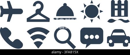 Vector set of hotel and travel service icons including plane, car, wifi, and food on white background Stock Vector