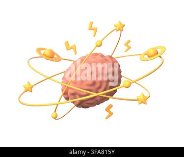 3d brain icon. Mental mind, space orbital idea or smart memory brainstorm for education, psychology or learning. Think inspiration. Creative intelligence. Render cartoon style vector isolated set Stock Vector