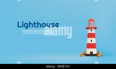 3d lighthouse. Light house tower, White and red Sea island building or maritime water beacon. Ocean boat navigation. Travel sailor boat web banner with copy space for text. Vector minimal background Stock Vector