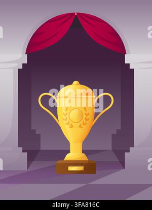 Gold trophy on pedestal. Award display medieval interior with red curtains, achievement in sport and business, competition and prize presentation. Vector cartoon flat style isolated illustration Stock Vector