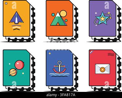 Set of six colorful postage stamps with travel, nature, space, and mail icons in flat vector style on white background Stock Vector