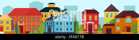 Colorful suburban houses landscape. City neighborhood skyline with residential buildings and trees, urban housing, real estate community, local architecture. Vector cartoon flat isolated illustration Stock Vector