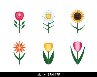 Set of colorful flat vector flower icons isolated on a white background Stock Vector