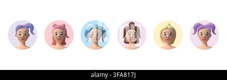 3d avatar. Woman people face in circle, female person user profile or realistic beauty women identification, digital interface. Cute young student head hairstyle. Vector minimal isolated illustration Stock Vector