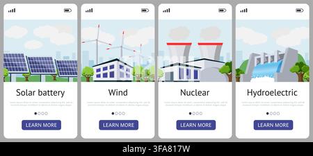 Energy source app screens. Mobile interface cards solar, wind, nuclear, and hydroelectric power options, electricity generation and clean energy technologies. Vector cartoon flat style illustration Stock Vector